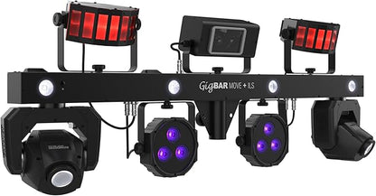 CHAUVET DJ – GigBAR Move + ILS 5-In-1 Lighting System | Moving Heads, Derbies, Washes, Laser & Strobe on One Bar | ILS Compatible | RF Remote, Tripod & Carry Bags Included
