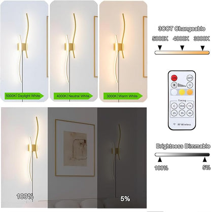 Daunton Modern Gold Plug in Wall Sconces Set of 2 - Smart Dimmable LED Wall Lights with Remote, 3CCT Adjustable & Memory Function, Timer Setting - No Wiring Needed for Living Room, Bedroom, Hallway