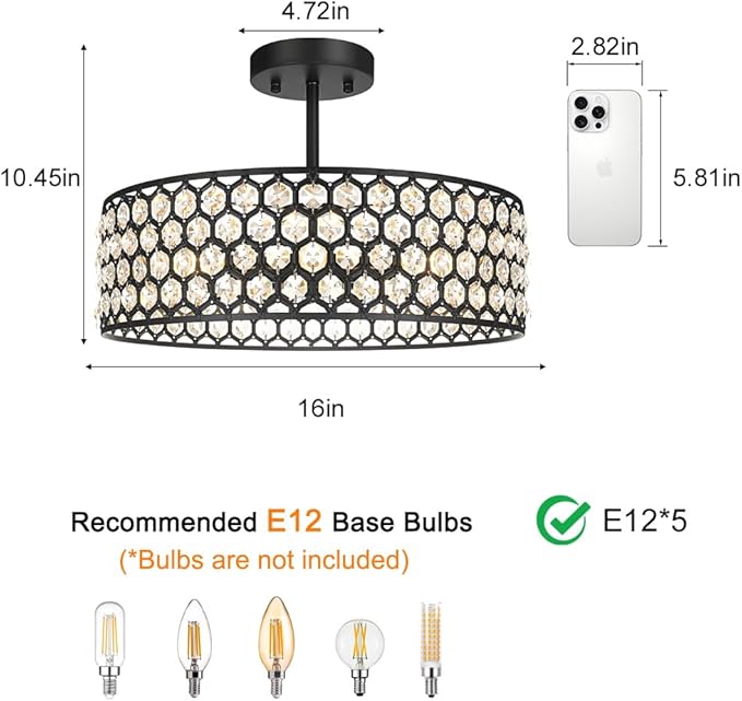 Lxybcce Black Crystal Ceiling Light Fixture - Modern Semi Flush Mount Ceiling Chandelier Lighting for Kitchen, Dazzling Prism Chandelier for Bedroom, Bathroom, Dining Room, 5 Light, 16 in
