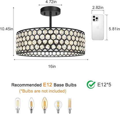 Lxybcce Black Crystal Ceiling Light Fixture - Modern Semi Flush Mount Ceiling Chandelier Lighting for Kitchen, Dazzling Prism Chandelier for Bedroom, Bathroom, Dining Room, 5 Light, 16 in
