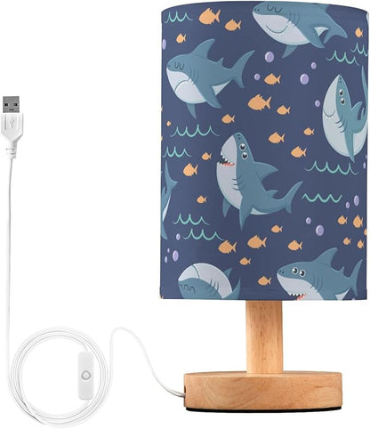 Table Lamp Marine Shark Fish Bubble Pattern Nightstand Lamp with Wood Base Fabric Lamp Shade Bedside Desk Lamp for Living Room Bedroom Kids Room Office