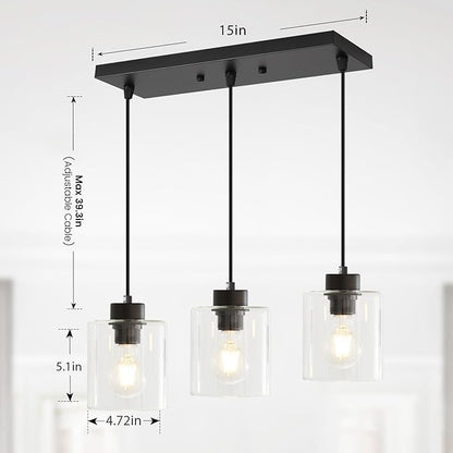 3-Light Pendant Light Fixtures with Clear Glass, Black Hanging Light Fixture for Ceiling, Adjustable Kitchen Island Light for Dinning Room, Bedroom,Hallway, E26 Base, Bulbs Not Included
