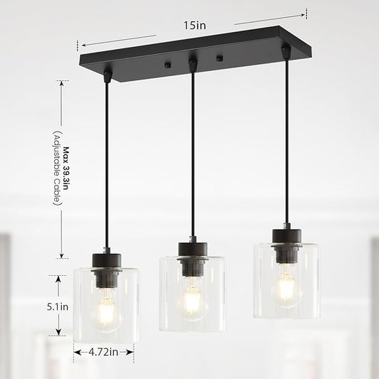 3-Light Pendant Light Fixtures with Clear Glass, Black Hanging Light Fixture for Ceiling, Adjustable Kitchen Island Light for Dinning Room, Bedroom,Hallway, E26 Base, Bulbs Not Included