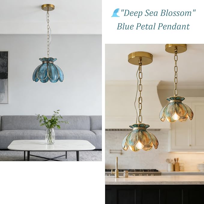 Brass Glass Ceiling Pendant Light, Hanging Chain Lamp, with Vintage Lotus Flower Blue Green Glass Shade for Kitchen Island Dining Room Bedroom Living Room - 7.9" Shade