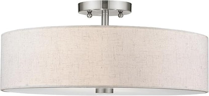 Livex Lighting 52136-91 Meridian Collection 4-Light Semi Flush Mount Ceiling Fixture with Oatmeal Color Fabric Hardback Drum Shade and Satin White Diffuser, Brushed Nickel