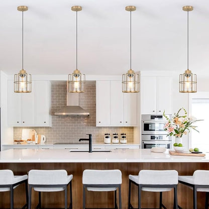 Brass Gold Pendant Light Fixture Set of 2, Modern Pendant Lights Kitchen Island over Sink, Cylinder Bathroom Light Fixture with Clear Glass, Farmhouse Hanging Light Fixture with Adjustable Cord
