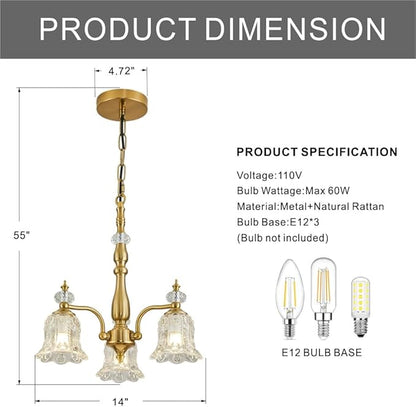 3 Lights Gold Chandelier,Vintage Elegant Rustic Chandeliers Glass Pendant Light Fixture for Dining Room Kitchen Living Room Bedroom