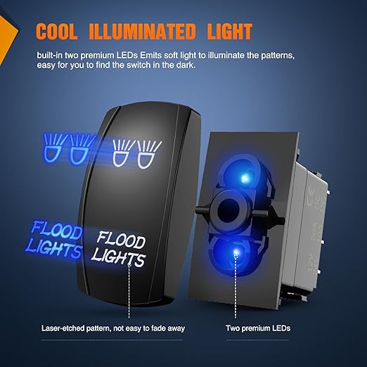 Nilight Flood Lights Rocker Switch Led Light Bar 5 Pin Laser On Off SPST Switches 20A/12V 10A/24V Blue with Jumper Wires Set for Cars Trucks Boats ATVs UTVs RVs