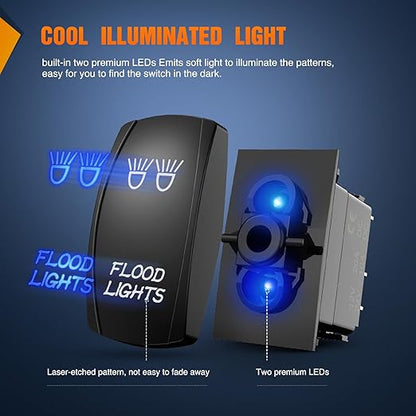 Nilight Flood Lights Rocker Switch Led Light Bar 5 Pin Laser On Off SPST Switches 20A/12V 10A/24V Blue with Jumper Wires Set for Cars Trucks Boats ATVs UTVs RVs