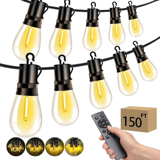 Outdoor Patio String Lights: S14 Shatterproof Bulb Outside Waterproof Light - 150FT 45M Remote Dimmable Connectable Hanging Outdoor Electric Lighting - Garden Backyard Yard Gazebo Porch Party