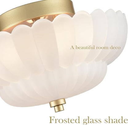 HYDELITE Gold Flush Mount Ceiling Light Fixture Modern Semi Flush Mount Ceiling Light Vinatge Close to Ceiling for Bathroom Bedroom Entryway Kitchen Scalloped Frosted Milk Glass