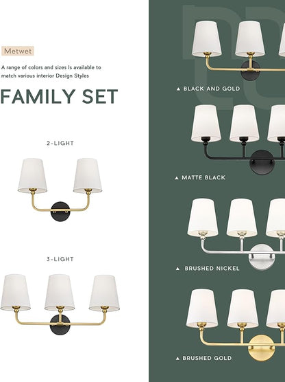 2-Light Bathroom Light Fixtures, Black and Gold Vanity Lights, Double Wall Sconce with Flared White Fabric Shade, Modern Sconces Wall Lighting for Hallway Bedroom Stairway, VL837-KG-2