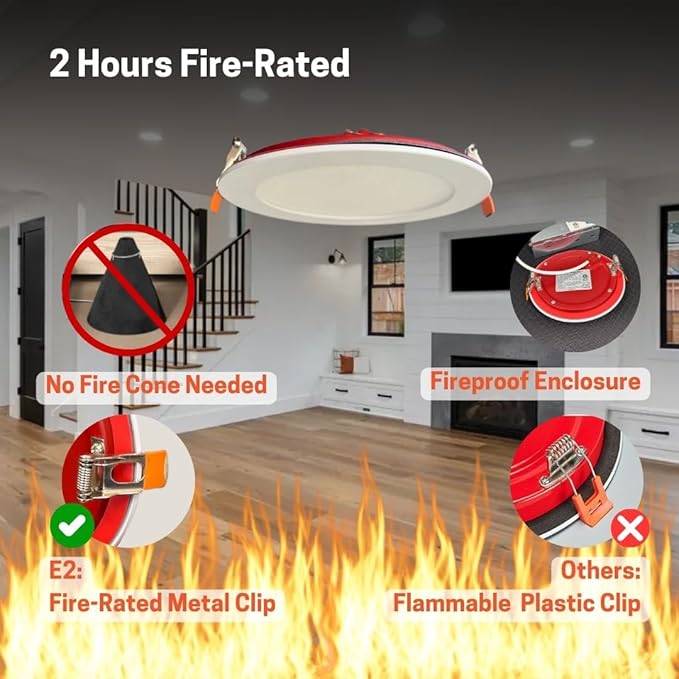 E2 LIGHTING 4" FIRE-Rated Downlight, 9W LED, 5 CCT TUNABLE 2700K-5000K, IC Rated, CANLESS RECESSED Ceiling Light, Commercial Indoor USE (4 in)