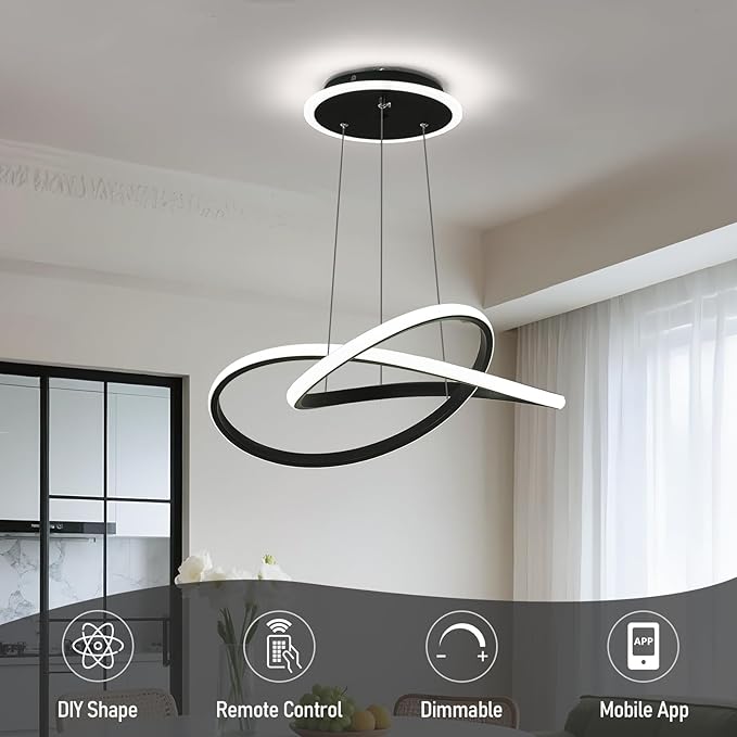 Modern LED Chandelier, 3-Color Dimmable with Remote Control, Adjustable Height Pendant Light Fixture with Base LED Light Strip, Modern Hanging Light for Dining Room Kitchen Island Living Room