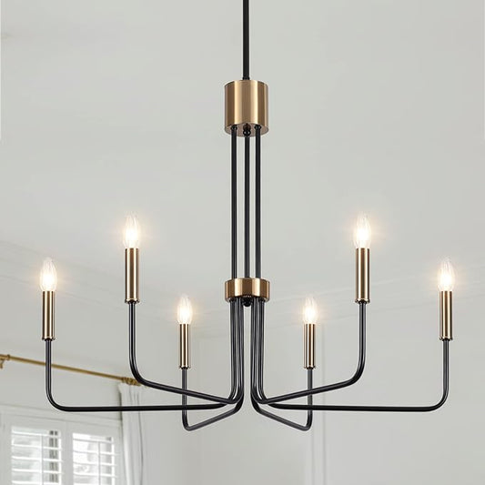 6-Light Modern Farmhouse Chandelier, Black and Gold Chandelier for Dining Room Light Fixtures Ceiling Hanging, Kitchen Chandelier for Bedroom Living Room Entryway