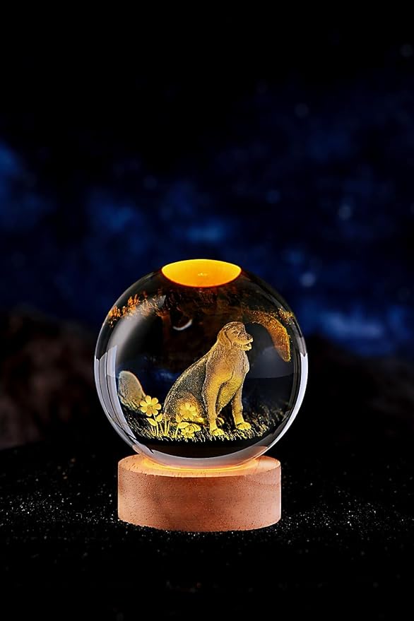 Dog Crystal Ball Lamp,3.15 inch 3D K9 Animal Crystal Ball Dog Night Light with Wooden Base, Lamp Gift for Animals Lovers,16 Colors Change with Remote Control (J)