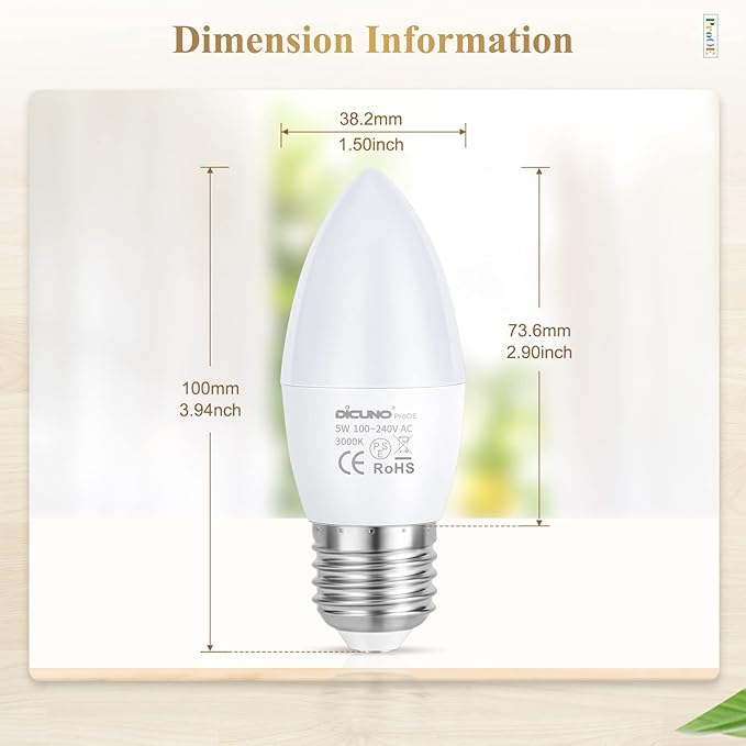 DiCUNO ProOE Eye-Protected E26 LED Bulb, High CRI 98, 5W Standard E26 Candle Bulb, Warm White 3000K, C37 40W Halogen Equivalent Decorative Light Replacement for Chandelier Lighting, 6 Pack