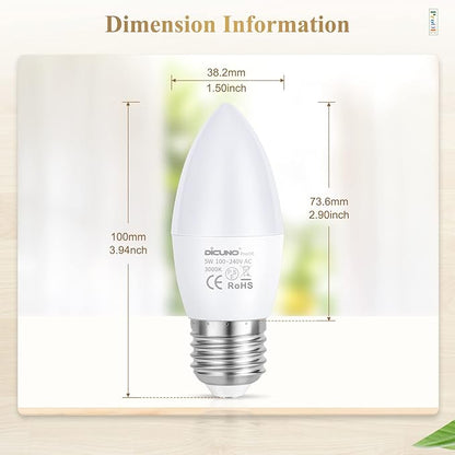 DiCUNO ProOE Eye-Protected E26 LED Bulb, High CRI 98, 5W Standard E26 Candle Bulb, Warm White 3000K, C37 40W Halogen Equivalent Decorative Light Replacement for Chandelier Lighting, 6 Pack