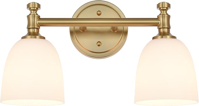 Gold Bathroom Vanity Light Fixtures, 2-Light Over Mirror, Traditional Vanity Lights for Living Room, Milk White Glass Shades, Standard E26 Base, Aged Brass, 16.3" W x 9.4" H x 6.25" D