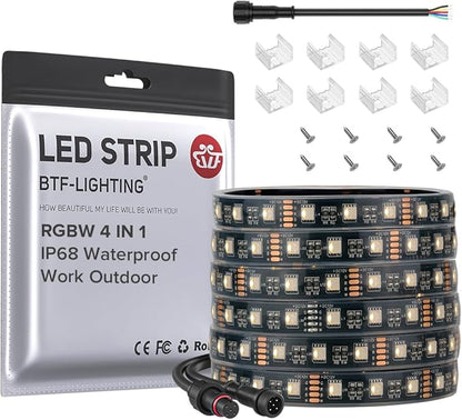 BTF-LIGHTING IP68 Waterproof Outdoor RGBW LED Strip 5050SMD RGB+Warm White(3000K-3500K) 4 Colors in 1 DC12V 16.4ft 5m 60LED/m Multi-Colored Tape Lights Can Work Outdoor(No Adapter or Controller)