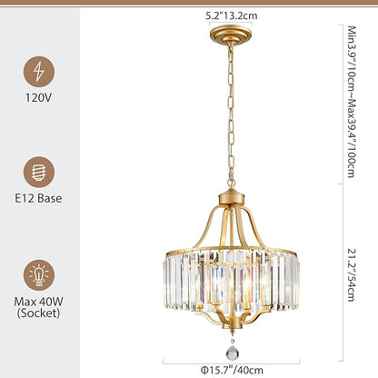 Gold Crystal Chandeliers for Dining Room, 4-Light Modern Round Chandeliers 15.7" for Living Room Kitchen Hallway Bedroom Foyer Hall, Adjustable Height Hanging Light Fixture