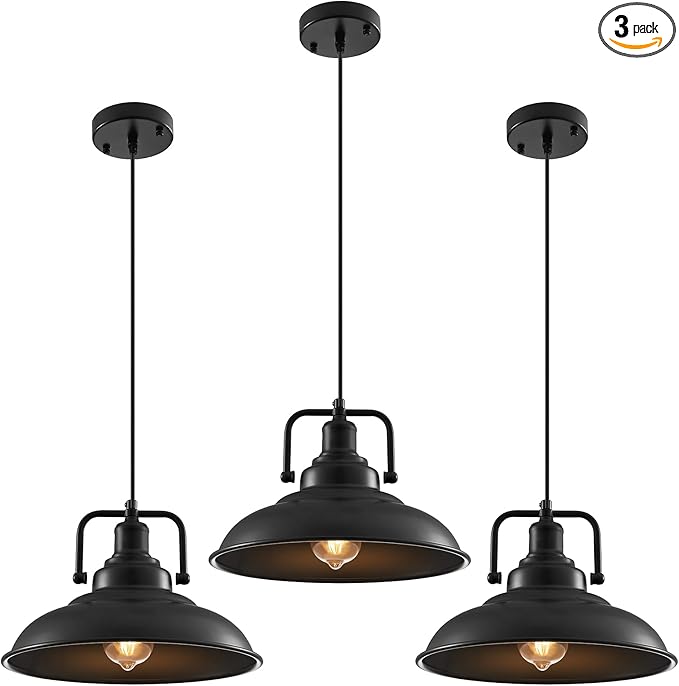 Black Pendant Light 12.5 inches 3 Packs, Farmhouse Pendant Light, Industrial Pendant Lighting, Kitchen Pendant Lights, Pendant Lights Kitchen Island for Dinning Room Entryway Barn