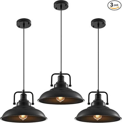 Black Pendant Light 12.5 inches 3 Packs, Farmhouse Pendant Light, Industrial Pendant Lighting, Kitchen Pendant Lights, Pendant Lights Kitchen Island for Dinning Room Entryway Barn