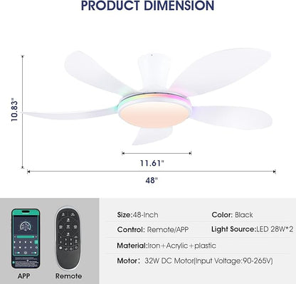 PHORUS RGB Ceiling Fans with Lights and Remote/APP,48" White Low Profile Ceiling Fans with Quiet Reversible DC Motor, Modern Flush Mount Fans Light with 3 Colors 6 Speeds