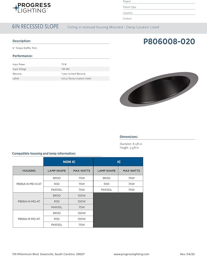 Progress Lighting P806008-020 6" Recessed Sloped Ceiling Step Baffle Trim Antique Bronze 6" Housing (P605A Series)