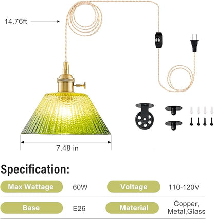 Plug in Pendant Light Vintage, Dimmable Pulley Hanging Lamp with Gradient Green Glass Shade, Brass Hanging Lights with Plug in Cord for Living Room, Compatible with Indoor Plant Grow Light Bulbs