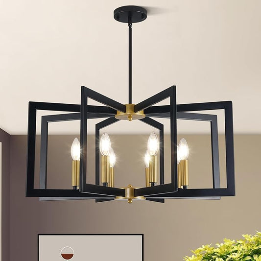 27.6" Modern Black and Gold Chandelier for Dining Room, 8-Light Easy To Install Farmhouse Dining Room Light Fixture Over Table, Industrial Hanging Pendant Lights for Kitchen Island, Foyer, Entryway