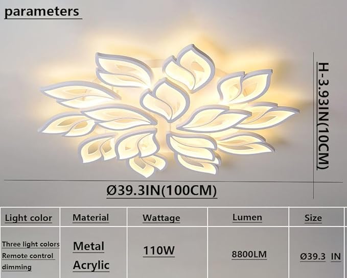 110W Dimmable LED Ceiling Light with Remote Control Ceiling Lapm Modern 15-Leaf Acrylic Chandelier 39.37in for Bedroom Living Room Dining Room Office Kitchen