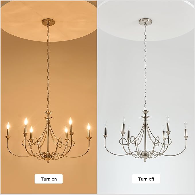 Modern Brushed Nickel Chandelier, 6-Lights Candle Dining Room Light Fixture 36.6in Farmhouse Chandeliers Metal Pendant Lights for Living Room Bedroom Entryway Kitchen Island
