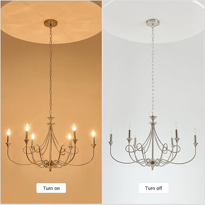Modern Brushed Nickel Chandelier, 6-Lights Candle Dining Room Light Fixture 36.6in Farmhouse Chandeliers Metal Pendant Lights for Living Room Bedroom Entryway Kitchen Island