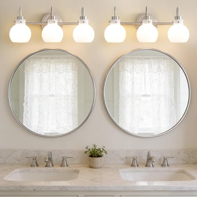 Bathroom Light Fixtures Brushed Nickel 3 Light Vanity Light Wall Sconces with Milk Globe Glass Shades Bath Wall Lamp over Mirror Farmhouse Wall Mount Lights for Kitchen Living Room Bedroom Hallway