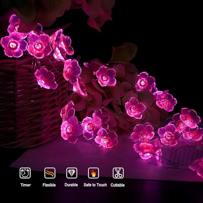 OMIKA Multicolor Flower Lights Cherry Blossom String Lights Battery Operated & USB Powered, 13ft 40LED Fairy Lights with Remote Timer Decorative Lights for Nursery Girls Bedroom Dorm Wedding Décor