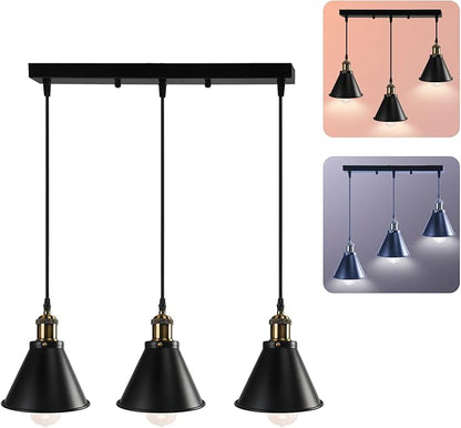 FIRVRE Pendant Light 3-Flame Height Adjustable, Ceiling Lamp Hanging Vintage for Dining Room Hallway Living Room, E26 Hanging Lamp Industrial Metal for Dining Table