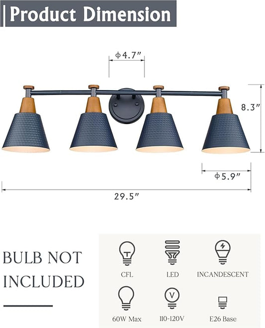 FEMILA 4-Light Bathroom Light Fixtures, Farmhouse Modern Vanity Lights Wall Lamp with Hammered Metal Shade Finish, Dark Blue, 4FG59B-4W Blue