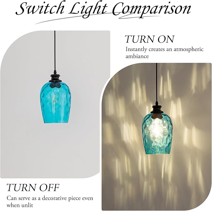 Blue Plug in Pendant Light Hand Blown Glass Shade Textured for Rippled Glow Dimmable Switch 16.4 Ft Cord E26 Base for Bedroom Office Nursery Indoor Outdoor Lighting