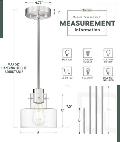 Brushed Nickel Pendant Lights Kitchen Island, 6" Pendant Light Fixtures Over Island with Clear Glass Shade, Modern Kitchen Island Lighting for Dining Room Entryway, PL124-BN-G-1PK