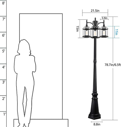 Aluminum Outdoor Lamp Post Birdcage, Hardwired Street Light Post for Outside, 3-Head Pole Light Modern Lamp Post Outdoor Lighting with Clear Glass Panels for Garden Patio Backyard Walkway Driveway