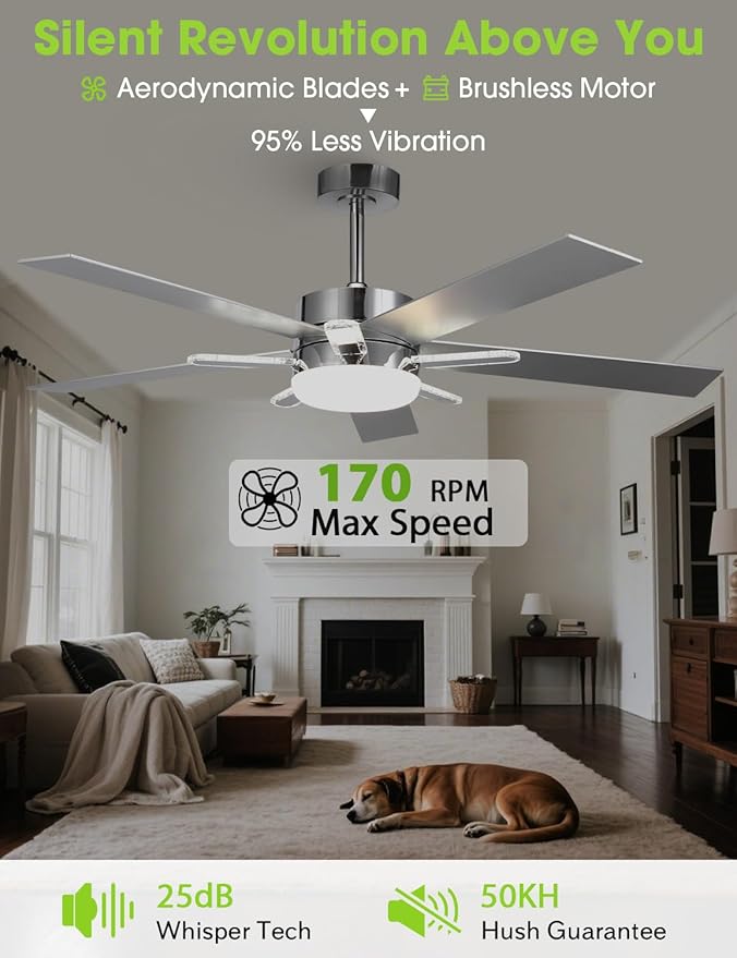 52-Inch DC Motor Ceiling Fan with LED Light and Remote, 5 Silver Plywood Blades, Reversible, Chrome Finish, 3 Color Temperatures, Dimmable Lighting, Energy Efficient Indoor Ceiling Fan