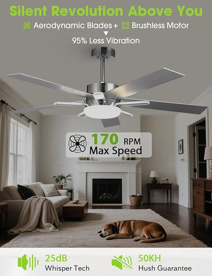 52-Inch DC Motor Ceiling Fan with LED Light and Remote, 5 Silver Plywood Blades, Reversible, Chrome Finish, 3 Color Temperatures, Dimmable Lighting, Energy Efficient Indoor Ceiling Fan