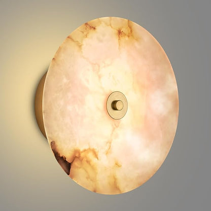 9.84 Inch Round Natural Alabaster Wall Sconce Marble Stone Light Decor for Wall, Dimmable 3CCT Hardwired Circular Sconce LED Modern Wall Lamp for Bedroom, Living Room, Bedside, Hallway (Gold)