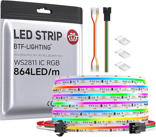 BTF-LIGHTING FCOB WS2811 IC RGB COB LED Strip 864LED/m Flexible High Density Color Chasing Uniform Light DC24V 24FT 24IC/m 12mm Width for DIY Lighting Projects(No Adapter or Controller)