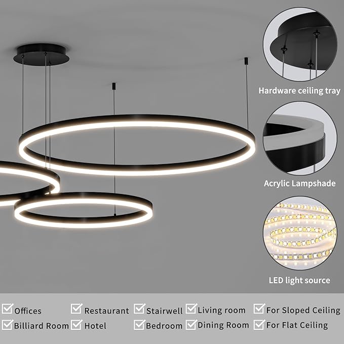 Mikeru Modern LED 3 Ring Chandelier Light, Ceiling Pendant Light Fixtures with Remote Control 3000k-6500K Adjustable Color Temperature Light for Living Room, Bedroom, Kitchen （15.7+23.6+31.5N）