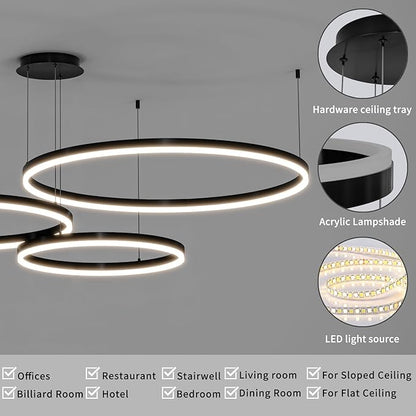 Mikeru Modern LED 3 Ring Chandelier Light, Ceiling Pendant Light Fixtures with Remote Control 3000k-6500K Adjustable Color Temperature Light for Living Room, Bedroom, Kitchen （15.7+23.6+31.5N）