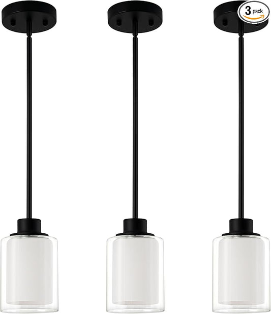 1-Light Mini Pendant Light Fixtures, 3-Pack Modern Hanging Ceiling Lighting, Adjustable Height, Black Pendant Lamp with Dual Glass for Kitchen Island Bedroom