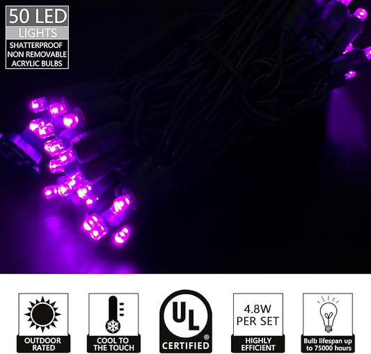 UL Listed 50 Count 5MM Wide Angle Led Christmas Lights Set,Outdoor Mini Led String Lights for Garden Patio Halloween Trees Lighting Decoration,17 Feet Green Wire (Purple Color)