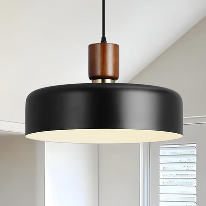 Industrial Pendant Light, Rubber Wood Dome Hanging Lamp with 15.8" Hammered Metal Shade, Black Modern Light Fixtures for Kitchen Island, Living Room,Restaurant,Farmhouse Dining Room, Bedroom, Hallway